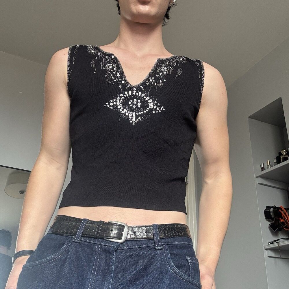 Women's Joseph A Sleeveless Embellished Beaded V-Neck T Embellished Tank Sz M